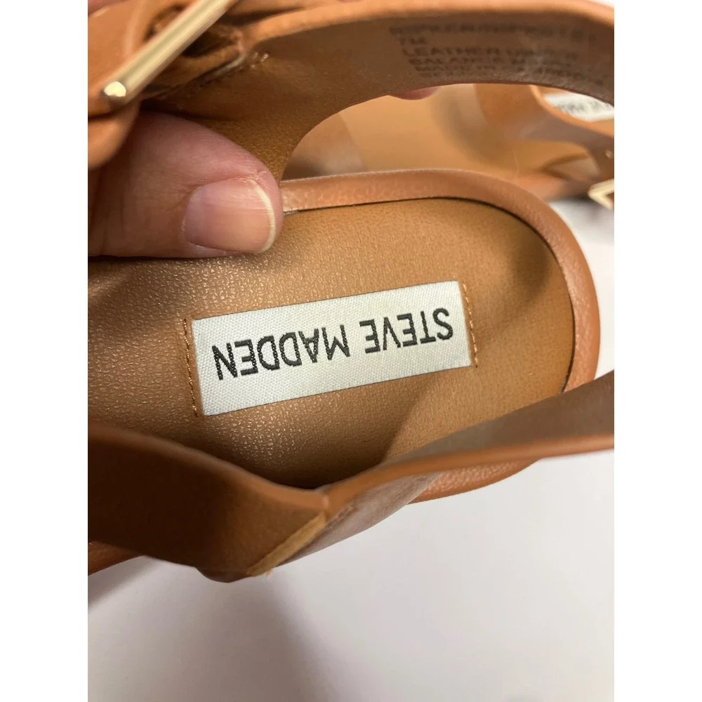 Steve Madden Ripken Sandals Womens 7M Brown Excellent Leather Ankle Strap Flat
